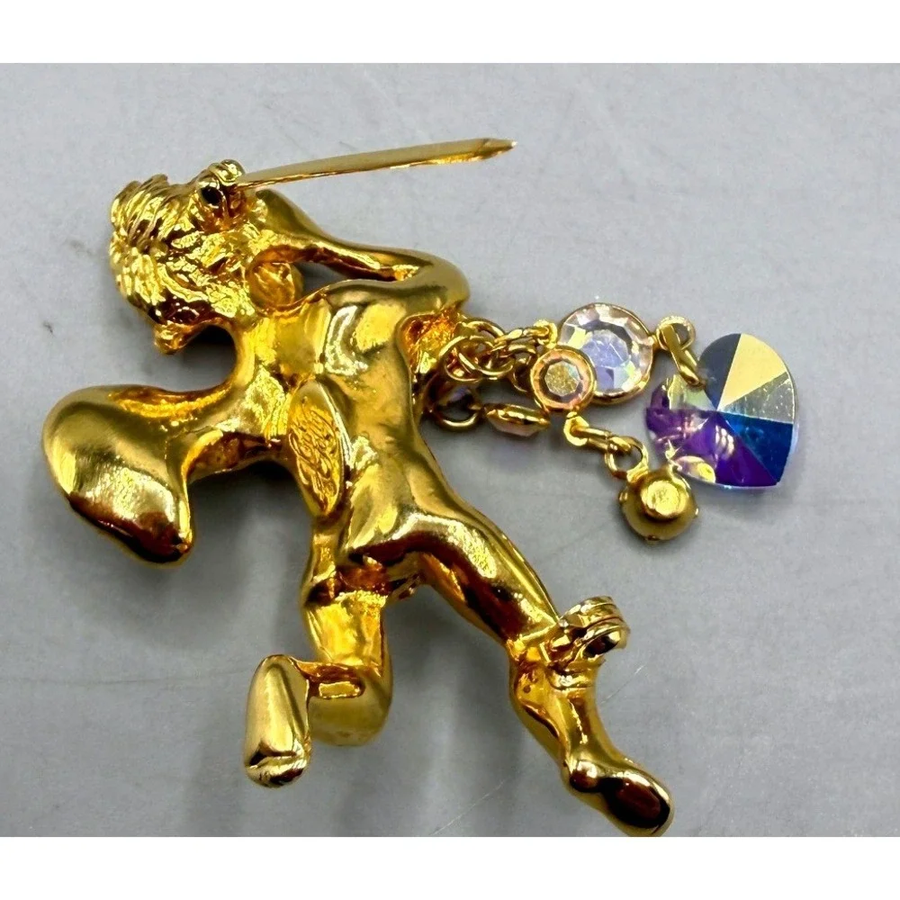 Kirks Folly Gold Tone Cherub Angel Brooch AB Rhinestone Heart Dangle Pin Vintage
